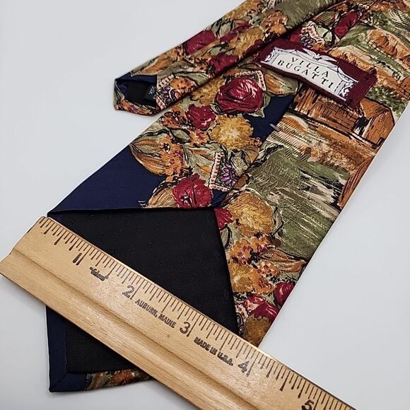 Villa Bugatti Tan-Red-Green Scenic Floral Silk Necktie - USA - Like New - Picture 2 of 5